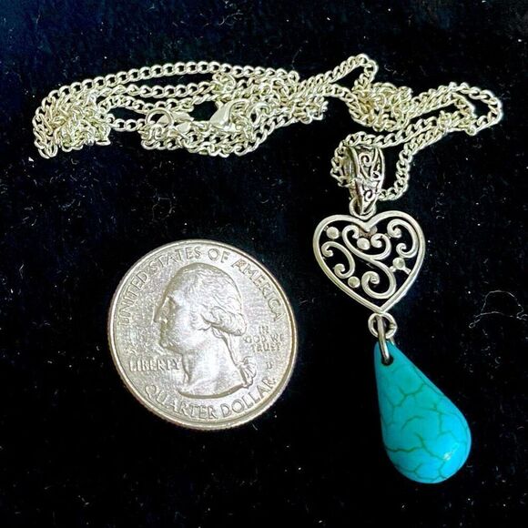 AUO Sterling 925 Silver Heart  & Turquoise Necklace - Picture 4 of 11